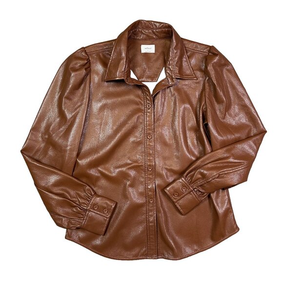 Aritzia Wilfred Mila Vegan Leather Puff Sleeve Button Down Shirt Small Brown - Picture 1 of 5